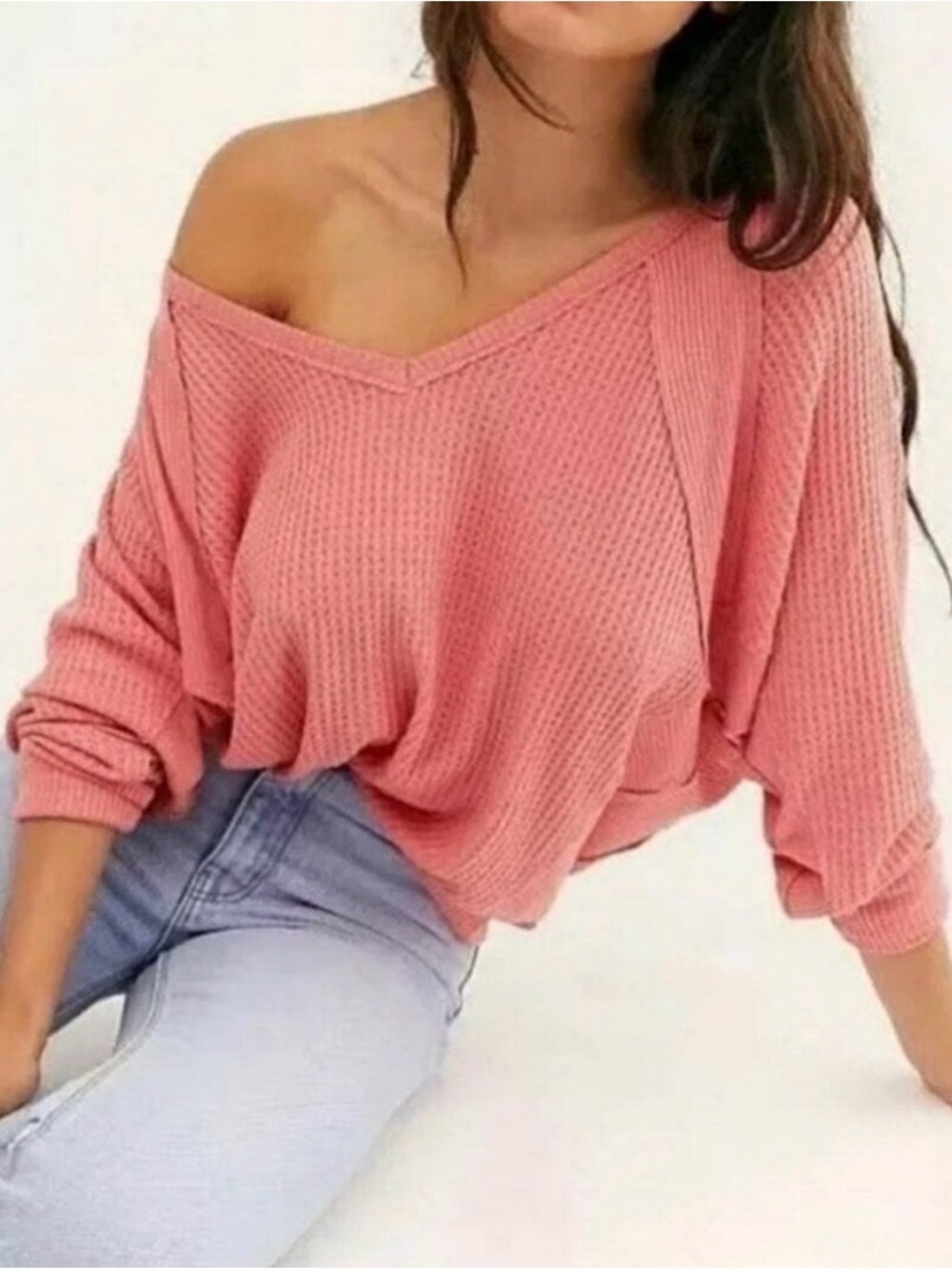 Free People Santa Clara Oversized Waffle Thermal Top Medium Prairie Rose Cozy